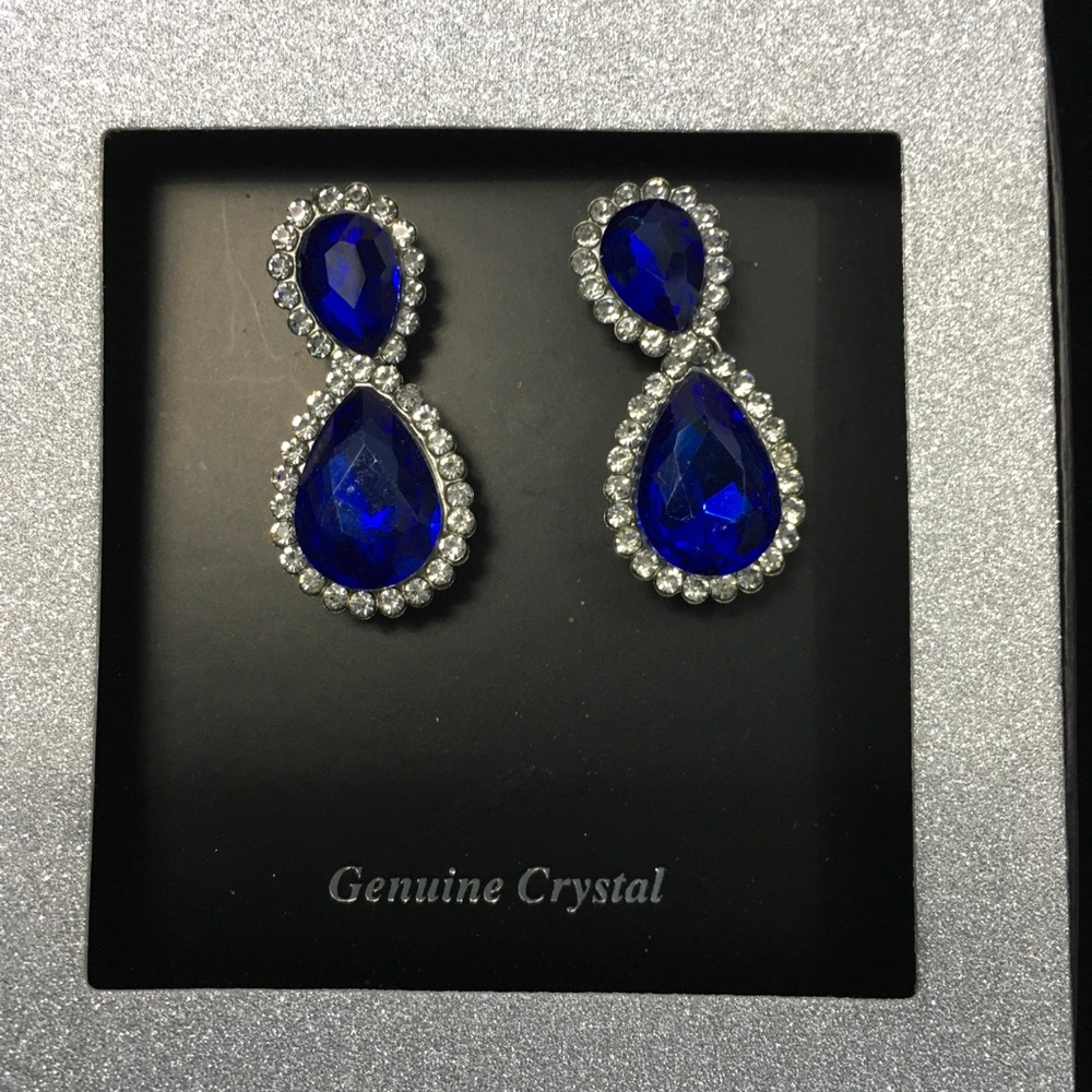 Crystal Sapphire Tear Drop Dangle Post Earrings - Picture 7 of 9